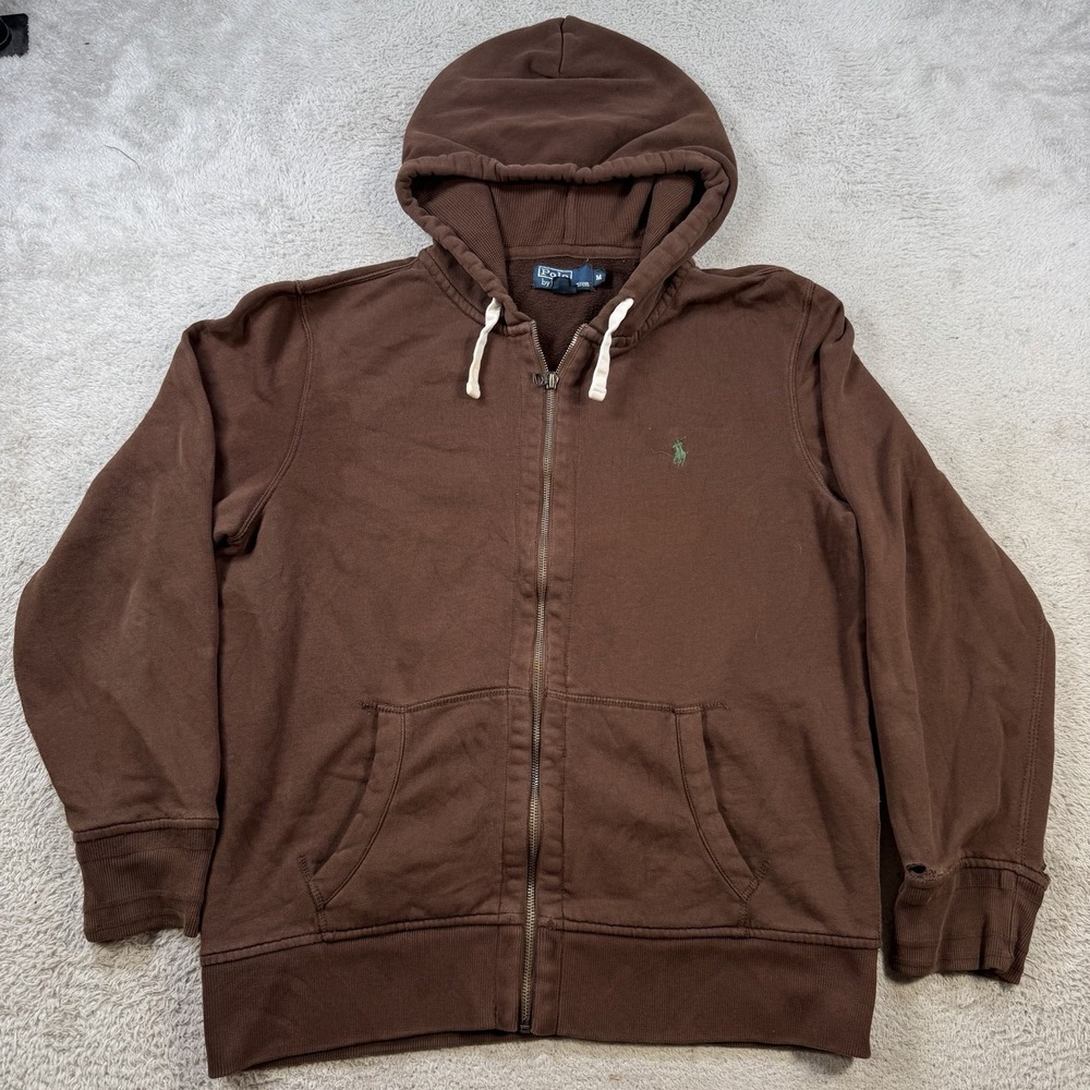 Vintage Polo Ralph Lauren Hoodie Mens Medium Brown Fleece Full Zip Pony Jacket